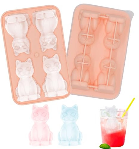 Spetsbst Silikon Eiswürfelform Katzen, Eiswürfelform Lustig 4pcs 3D Kätzchen Eiswürfelformen, Ice Cube Tray Wiederverwendbar mit Deckel und Trichter, BPA-Frei, für Eis, Whiskey, Cocktail, Saft