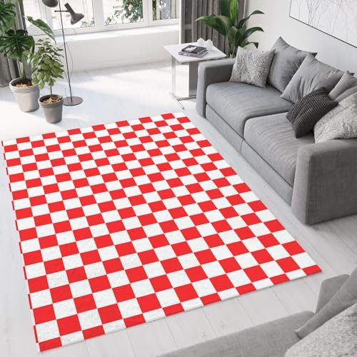 MIATCENRT Waschbarer Teppich Wohnzimmer 140 x 200cm, Rot Und Weiß Kariert Teppiche Schlafzimmer Geometrisch Kurzflor Teppich, Groß Weiche Teppiche für Schlafzimmer rutschfest Flauschiger Brücke
