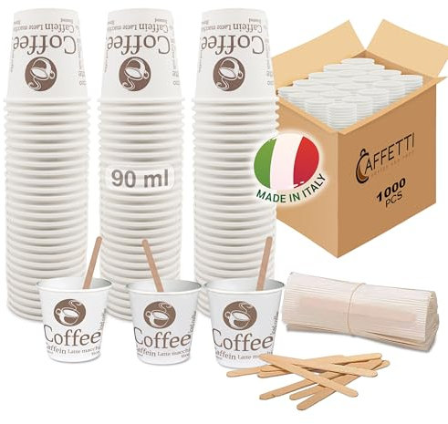 Caffetti 1000 Bicchierini Caffè + 1000 Palettine - Bicchieri 90 ml 3 oz in Carta Made in Italy, Palette in Legno di Betulla Riciclabili, per Ristoranti, Ufficio, Asporto, Bar, Espresso