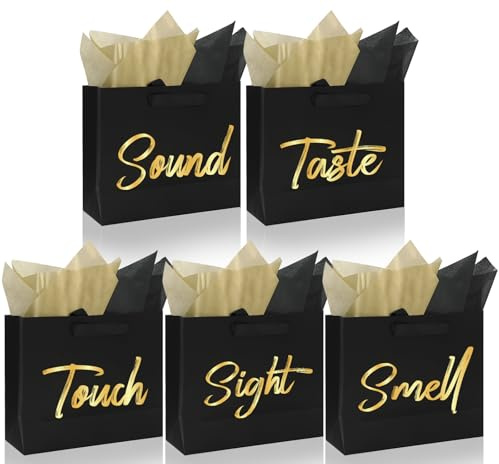 FYSUIMU 5 Sense Papiertüten für Sie und Ihn, mit 10 Blatt schwarz-goldenem Seidenpapier, fünf Sinne, Süßigkeitenbeutel mit Schleifengriffen, für Geburtstag, Hochzeit, Party, Gastgeschenke