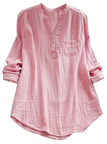 Musselin Bluse Damen Baumwolle Leinen Shirt V Ausschnitt Longbluse Oversize Langarm Leinenbluse Sommer Oberteile Tunika Große Größen Leinenshirt Leicht Und Luftig