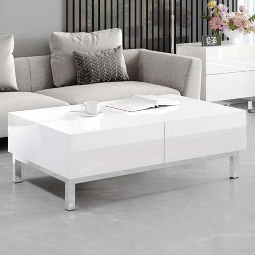 LUXOAK Couchtisch Weiß Hochglanz, Moderner Wohnzimmertisch mit 2 Schubladen, Rechteckiger Wohnzimmertisch mit Stauraum für Wohnzimmer, Büro & Wartebereich, 102 x 60 x 35cm