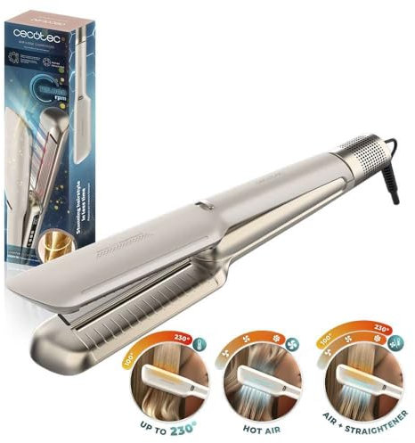 Cecotec Plancha de Pelo con Aire Air Lisse Champagne. 600W, Protege el Cabello, Tecnología Iónica, Keratina y Aceite de Argán, 3 Modos y Motor BLDC, Todo Tipo Cabellos, 3 Temperaturas y 3 Velocidades