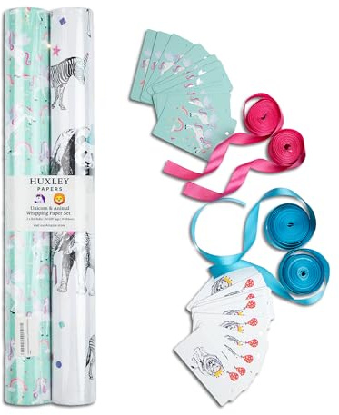 Lot complet de papier cadeau – 1 rouleau licorne et 1 rouleau animal | 2 x 8 m (50 cm de large, 80 g/m²) avec étiquettes et rubans assortis | Emballage cadeau respectueux de l'environnement | Huxley