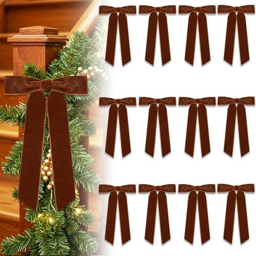 TONIFUL Brown Velvet Bow - 12 Pack Christmas Tree Bow, Wreath Bow for Gift Wrapping, Treat Bags, Floral Bouquet, Door Garland, Wine Bottle, Home & Party Decor, Christmas, Wedding（6.8x9.5 Inch）