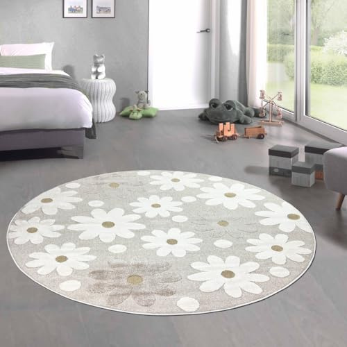 CARPETIA Teppich Kinderzimmer Babyzimmer Spielzimmer liebevoller Designer Teppich mit Blumenmotiv modern weich sanft schön modern Creme Beige 200 cm-Rund
