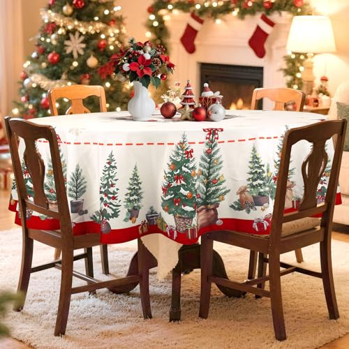 Arquiel Weihnachten Retro Polyester Tischdecke Rund Ø 180 cm Waschbar | Waschbare Polyester-Tischdecke mit Retro-Motiv, wasserabweisend und pflegeleicht für Küche, Esszimmer, Feste und Feiern.