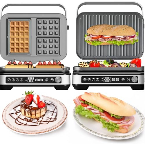 Grill de Contact 3-en-1 avec Plaques Amovibles TurboTronic CG1W, 2000W, Panini, Gaufrier, Appareil à Croque-Monsieur, Ouverture 180°, Écran LCD, Noir