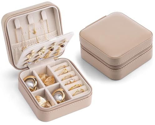 VLANDO Schmuckkästchen Reise, Schmuckaufbewahrung Klein,Geschenk für Damen | Urlaub Must Haves, Travel Essentials, Für Halsketten, Ringe, Kompakt Leicht,Weiches Samtfutter, Milchkaffeefarben