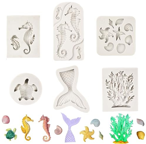 6 Stück Silikonform Meerestiere, 3D Kerzen Fondant Formen Silikon, Meerjungfrauen Flosse Muschel Seestern Kerzenformen Gießformen, für DIY Tortendeko, Schokolade, Süßigkeiten, Handgemachte Seife