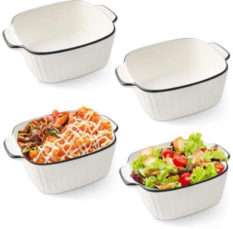 4er Auflaufform mit Griffen 400ML Auflaufformen Kleine Keramikm | Backform Weiß Grillpfanne Ofenform Schälchen Förmchen für Backofen Lasagne, Gratin, Pasta, Desserts