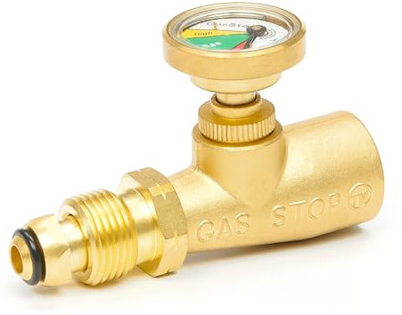 GasStop - Propane Gas Bottle Gauge with Emergency Shut-Off - Colour Coded Pressure Meter, Gas Cylinder Gauge - POL Connection for Cylinder, Caravans and Motorhomes