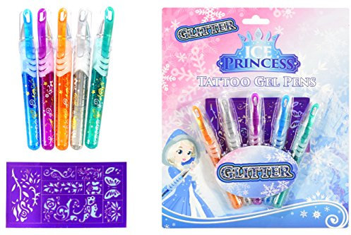 Brandsseller Eisprinzessin 5 Tattoo Glitter Gel Stifte mit Schablone