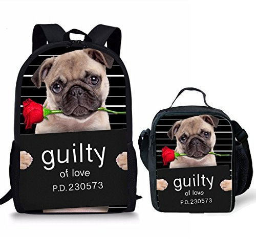 Showudesigns Mochila escolar, mochila de viaje + lonchera pequeña para niños, niñas, niños, pug