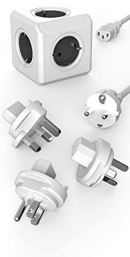 Travel-Cube ReWirable Original, Power-Würfel mit 5 Steckdosen, Mehrfach-Steckdose mit Schuko-Kabel und 3 Reise-Adapter für UK USA AUS, grau-weiß
