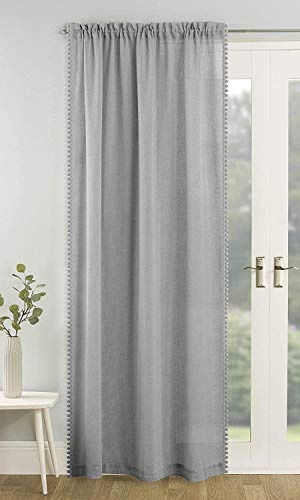 Tyrone Textiles Tahiti Grey Pom Pom Trim Linen Look Voile Panel (Drop - 72 (183cm))