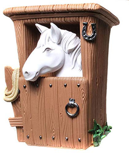 Kremers Schatzkiste Spardose Pferd im Stall Weiß 14cm Sparschwein Sparkasse Deko - Horse Kunststein Sparbüchse Reitsport Geschenk für Pferdeliebhaber