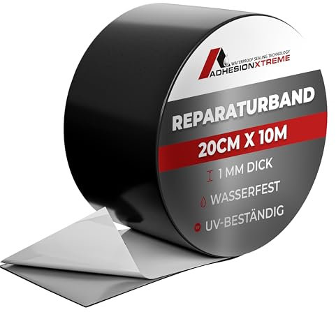 ADHESIONXTREME WATERPROOF SEALING TECHNOLOGY Reparaturband Teichfolie,EPDM,PVC,Carport,Flachdach,wasserdicht wetterfest (Schwarz, 20cm breit 10m lang)