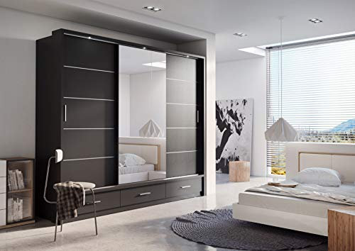 Schwebetürenschrank Kleiderschrank Schiebetürenschrank AR-01 ARTI Garderobenschrank mit Spiegel 3 Schubladen und Beleuchtung (Schwarz Matt)