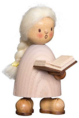 Kuhnert Drechslerei Dekoration/Holzfigur aus Massivholz mit Schafwollfrisur - Finn & Finja - Motiv: Finja mit Buch - Höhe: ca. 9cm - Made in Germany