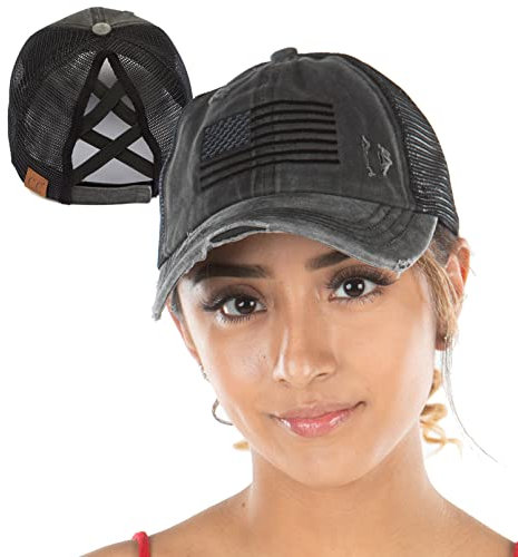 Funky Junque Womens Criss Cross Baseball Cap with Ponytail Slot and Distressed Style, American Flag - Black (Distressed) Black Mesh, One Size