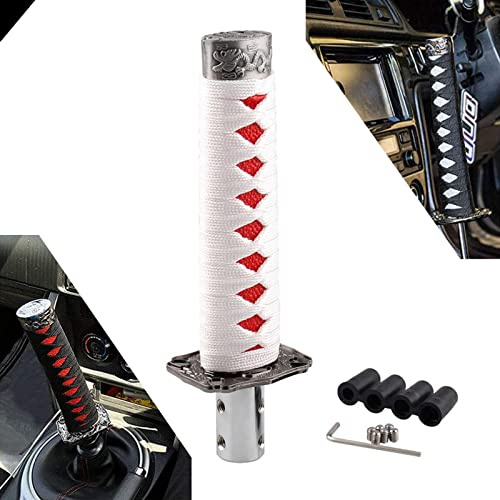 RYANSTAR - Pomo de palanca de cambios con espada Katana Samural, universal, compatible con coches manuales, la mayoría de los coches automáticos con 4 adaptadores, blanco y rojo