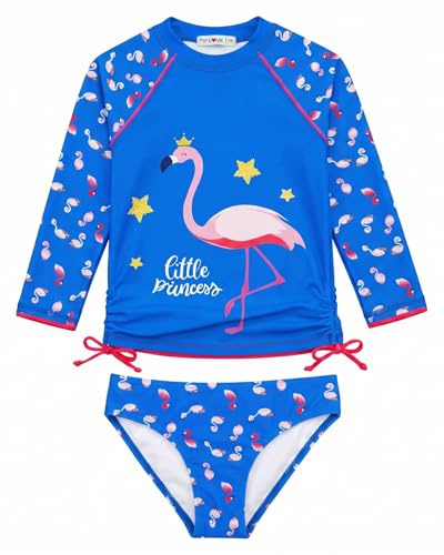 weVSwe Maillots De Bain pour Filles - Ensemble De 2 Pièces pour Tout-Petits À Manches Longues Et Protection Solaire UV Spf50 + Petite Princesse Flamingo Bleu 3-4 Ans