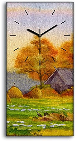 Coloray Uhr auf Leinwand - Schwarze Hände - Kunst Segeltuch Wohnzimmer Dekoration Ohne Tickendes Geräusc Wand Uhr - Herbst in der Landschaft