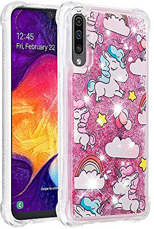 QIWEIQING Kompatibel mit Samsung Galaxy A50 Glitzer Hülle,Mädchen Glitzern Handyhülle,Paillette Flüssigkeit Clear Silikon Schutzhülle für Galaxy A50 / A50S /A30S /A505 Einhorn YB