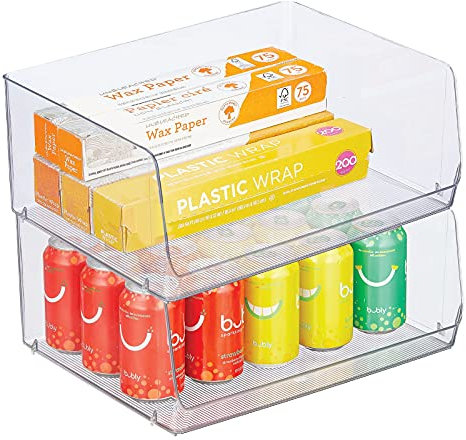 mDesign Extra Wide Storage Trays — Kitchen Tray Set for Storing Produce, Cans, Pasta and More — Freezer, Pantry and Fridge Boxes — Pack of 2 — Clear