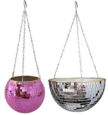 Bohemian Style 4+10 Disco Ball Planter Hanging Flower Pot with Chains and Hook Glitter Round Pots Disco Ball Decor(2Pack)