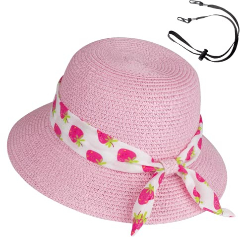 Chapeau de paille de soleil pour filles - Chapeau pliable - Taille réglable avec mentonnière - Pour la plage - Pour 5 à 10 ans, rose, taille unique
