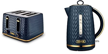 Tower T20061BLK Empire 4-Slice Toaster with Defrost/Reheat, Removable Crumb Trays, 1600W, Midnight and Brass & T10052MNB Empire 1.7 Litre Kettle with Rapid Boil, Removable Filter, 3000 W