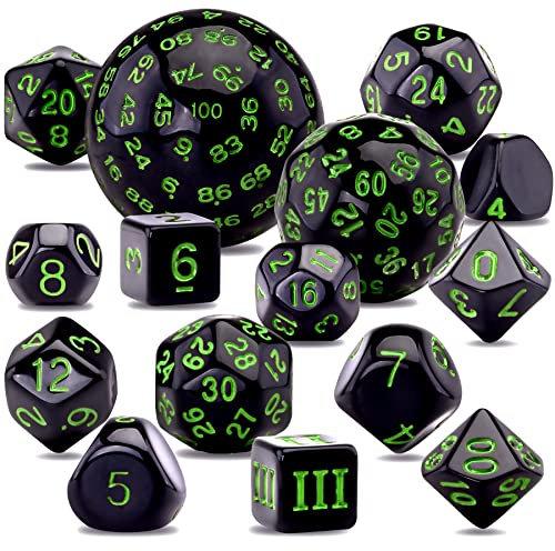 SIQUK 15 Stücke Polyedrische Würfel Set mit Beuteln D3-D100 Würfel Polyeder Würfel DND Spiel Würfel für Dungeons und Dragons RPG MTG, Schwarz und Grün