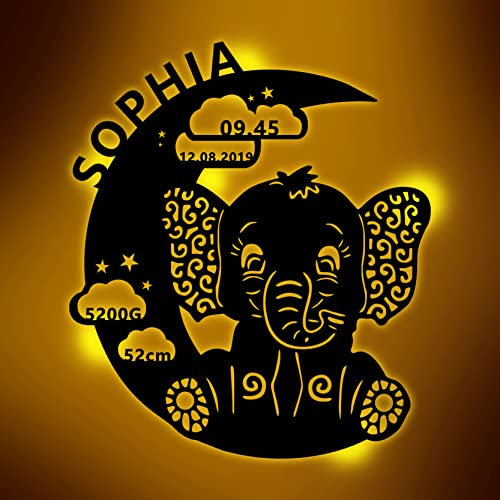 zouwii Luz De Noche De Elefante Personalizada Con Nombre, Regalos De Bautismo De Bebé Recién Nacido Para Niños Y Niñas Lámpara De Luna Signo De Luz De Noche De Elefante Dormido Personalizado