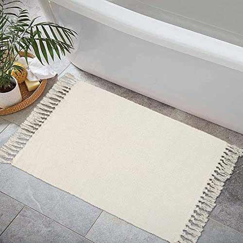 Seavish Boho-Badezimmerteppich mit Quaste, 5x7.6 cm, Beige, waschbar, Küchenteppich, kleiner Baumwolle, gewebter Eingangsbereich, wendbar, niedriges Profil, Fußmatte, Waschküche, Wohnheim