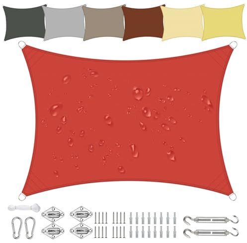 Sichtschutz Sonnensegel Wasserdicht Rechteckig 3x5m aus PES-Polyester 95% UV-Schutz Witterungsbeständig Reißfest in Vielen Größen und Farben mit Befestigungsset für Terrasse Garten Balkon-Rot