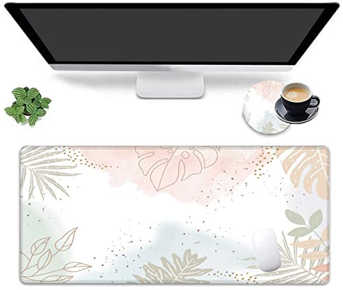 Grand tapis de souris à bords cousus avec base en caoutchouc antidérapant pour ordinateur portable, PC, bureau, jeux vidéo, dessous de verre, motif plante vert matcha
