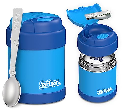 Jarlson® Thermobehälter Kinder YUMMY | Edelstahl Warmhaltebehälter Essen/Babybrei | Müslibecher to go mit Löffel | Joghurtbecher | Essensbehälter | Thermobecher | Wärmebehälter (300 ml, Blau)