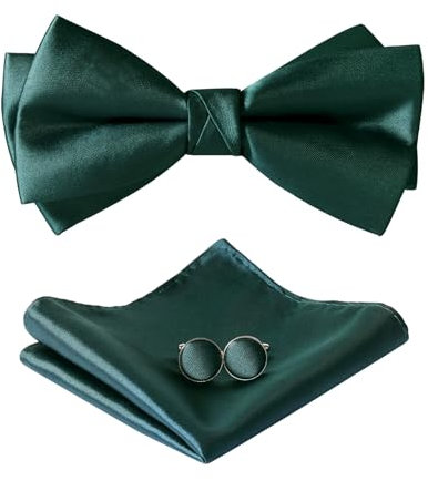 HOULIFE Fliege Herren Set - Verstellbare Fliege aus Satin Polyester Vorgebunden Fliege, einfarbige Einstecktuch, Manschettenknöpfe Set für Bräutigam Hochzeit formal mit Geschenkbox (Dunkelgrün)