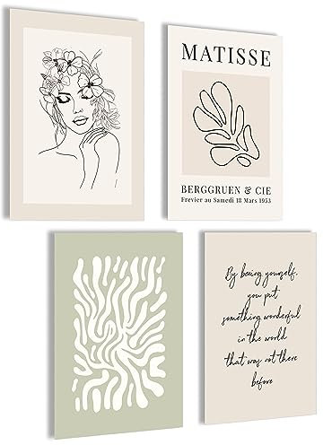 mojoliving Moderne Bilder Blumen Poster Set | Bilder Grün | Bilder Schlafzimmer | Matisse Poster Set | Flower Market Poster Wanddeko grün | 4x A4 ohne Rahmen