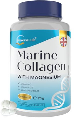 Reverse Life - Powerful Marine Collagen Tablets - High Strength Collagen Supplements with Vitamin C, Vitamin D3 and Magnesium - 90 Tablets of Hydrolysed Collagen, 1800 mg