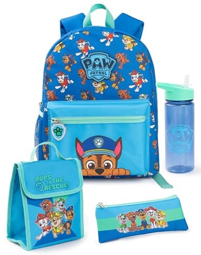 PAW PATROL Jungen Rucksack Set | Kinder 4-teiliges blau-grünes Rucksack-Bundle mit Schultasche, Federmäppchen, Lunchtasche und Wasserflasche | Chase Dog Crew Grafik Komplettes Matching Set