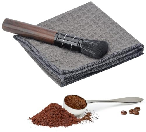 BRISKORE Barista Tuch Barista Pinsel Reinigung Set für Kaffeemühle 2 Barista Tücher Saugfähige 30x30cm für Siebträgermaschine Dampfwalze 1 Ebenholz Kaffeepinsel zum Reinigung Siebträgers
