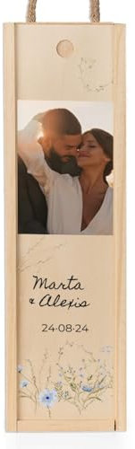 Wanapix | Coffret Vin en Bois Personnalisé | cadeau couple | Caisse Bois Vin | Coffret Cadeau Vin | Individuel - 11x38 x10,5 cm | Bouteille non incluse | Mariage avec photo