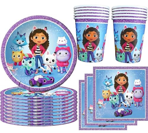 Gabby - Vajilla decorativa para cumpleaños infantil con 10 platos, 10 tazas y 20 servilletas para niños