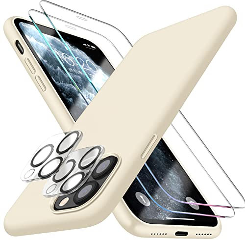 Dssairo [5-in-1 für iPhone 11 Pro Max Hülle, mit 2 Displayschutzfolien + 2 Stück Kameraobjektivschutz, Flüssigsilikon, ultradünn, stoßfest, Mikrofaser-Futter (Stein)