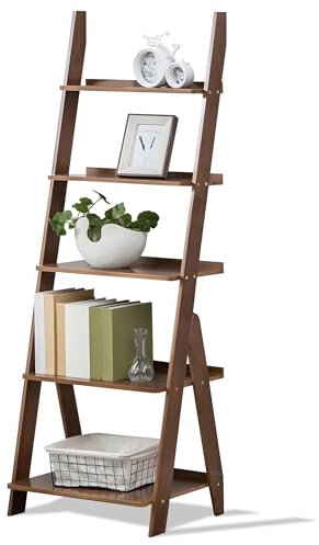 DOUSY-5-Tier Ladder Shelf Bookcase, Bamboo Ladder Leaning Bookshelf, Freestanding Storage Shelf Boho Bookshelf for Living Room, Home Office, Bedroom, Balcony, Walnut