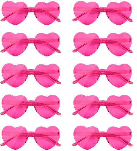 NACHLYNN Lot de 10 paires de lunettes de soleil en forme de cœur pour femme - Sans monture - Couleur bonbon - Pour déguisement, cosplay, rose rouge