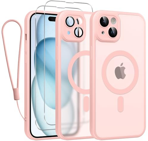 Phoona Cover Magnetica per iPhone 15 6,1 con Cordino e 2 Pellicole in Vetro Temperato, Compatibile con Magsafe, Custodia Traslucida Opaca Resistente Antiurto Sottile Protettiva Case, Rosa